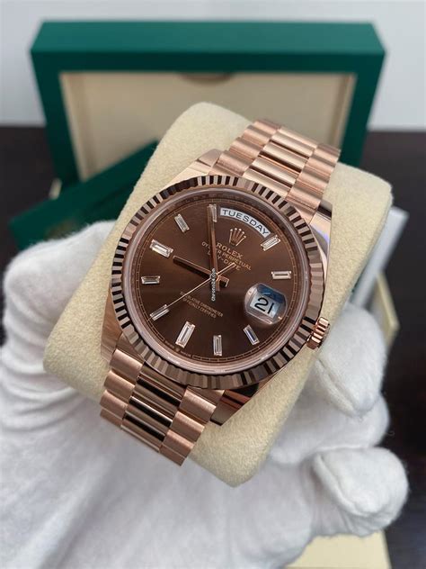 rolex rose gold day date chocolate dial|Rolex 228235 price.